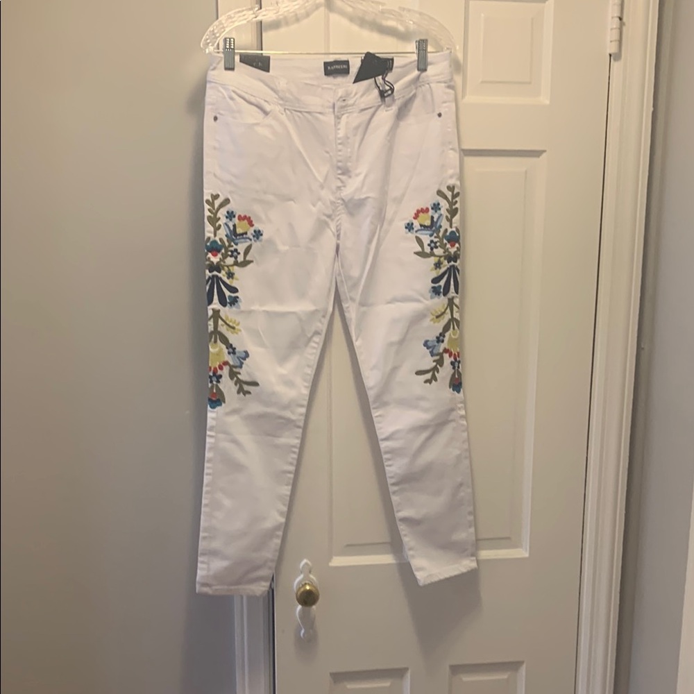 White Embroidered Pants with Floral Design